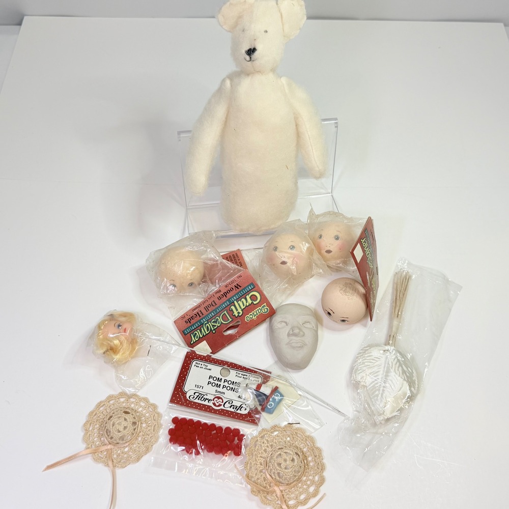 Vintage Darice Wooden Doll Heads Felt Bear Body Miniature Hats Craft Supply Lot